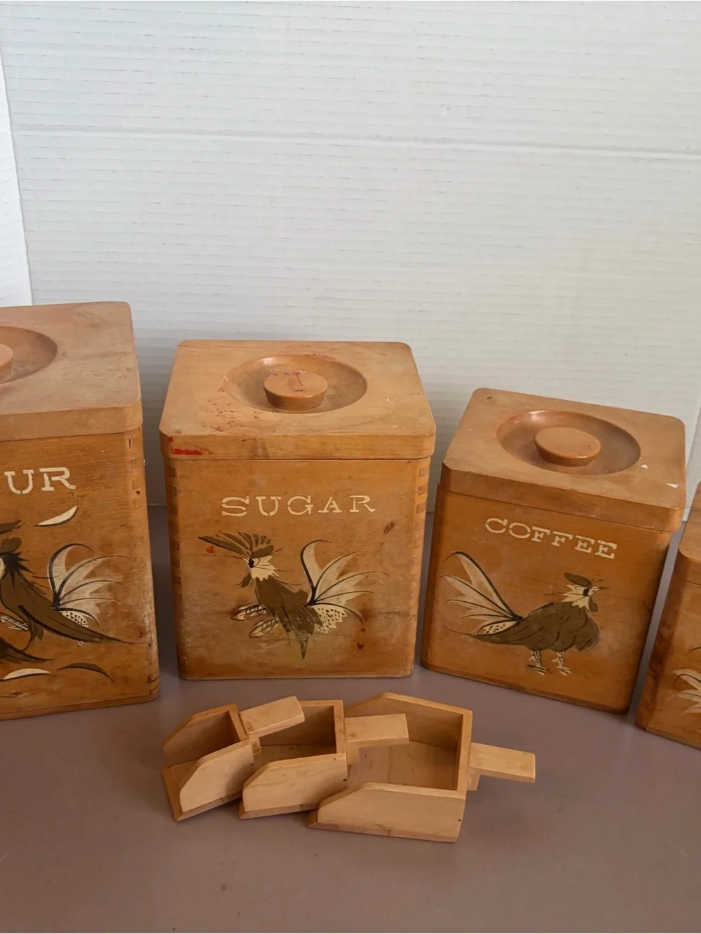 Vintage Wooden Sugar & Coffee Canister Set with Rooster Motif - Brown
